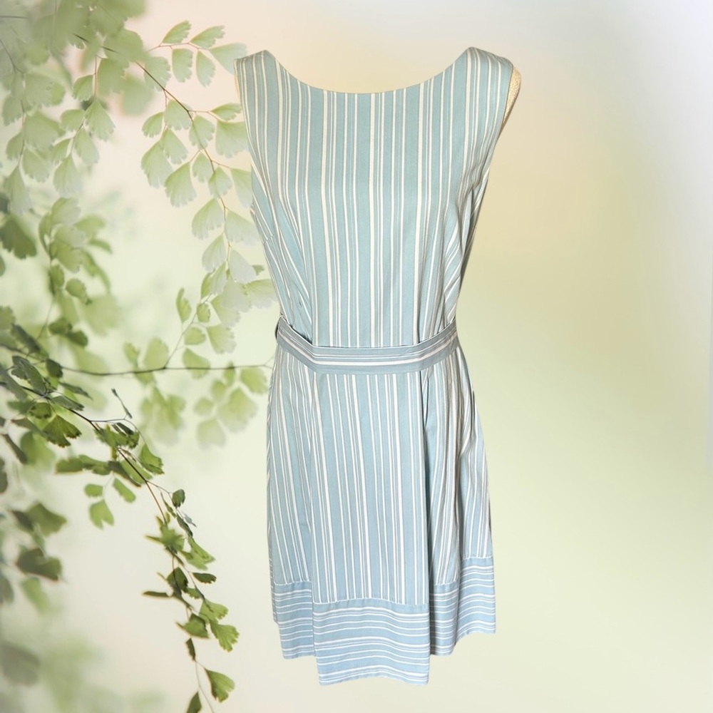 LANDS’ END Sleeveless Summer Dress of Blue & White Stripes. 100% Cotton. $40.